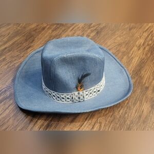 Vintage Blue Denim Cowboy/Western Hat Feather Sz Medium Festival Rodeo